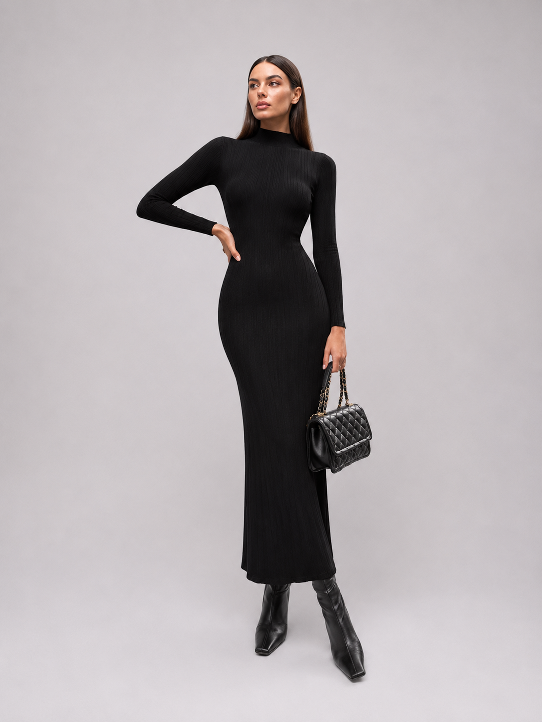 Vestido Midi Manga Longa Gola Alta Modern Amira