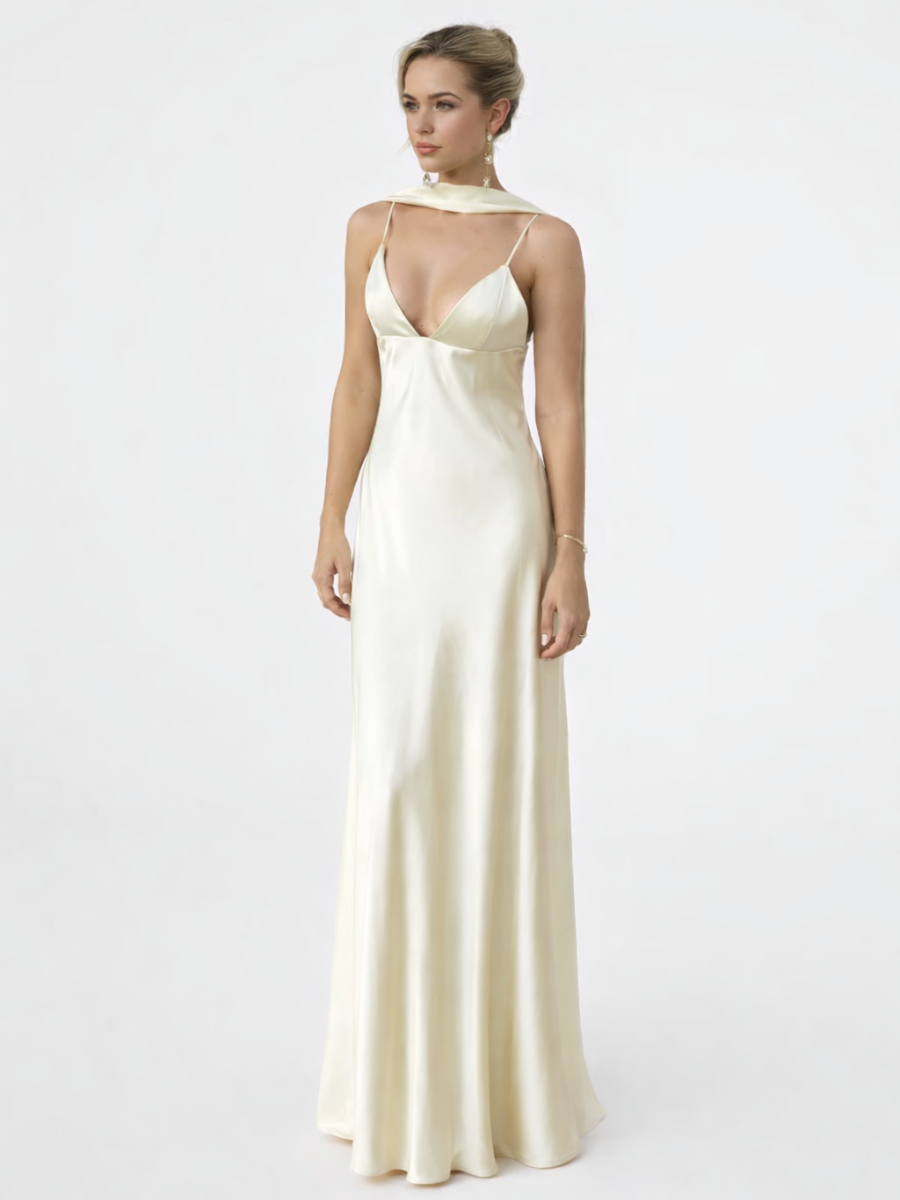 Vestido Longo Cetim Cremoso Modern Zêra