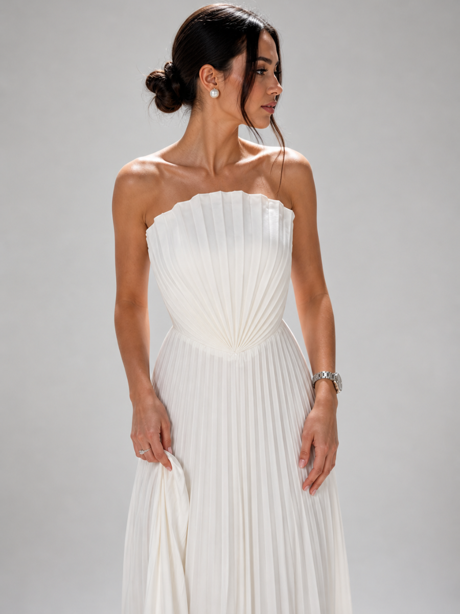 Vestido Longo Off White Plissado Modern Keisy
