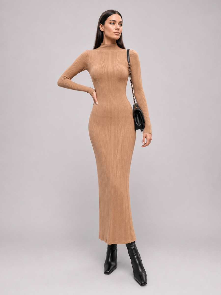 Vestido Midi Manga Longa Gola Alta Modern Amira