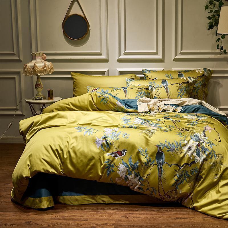 Conjunto de Roupas de Cama Pássaros Japoneses em Algodão Egípcio 600 Fios - 4 Peças