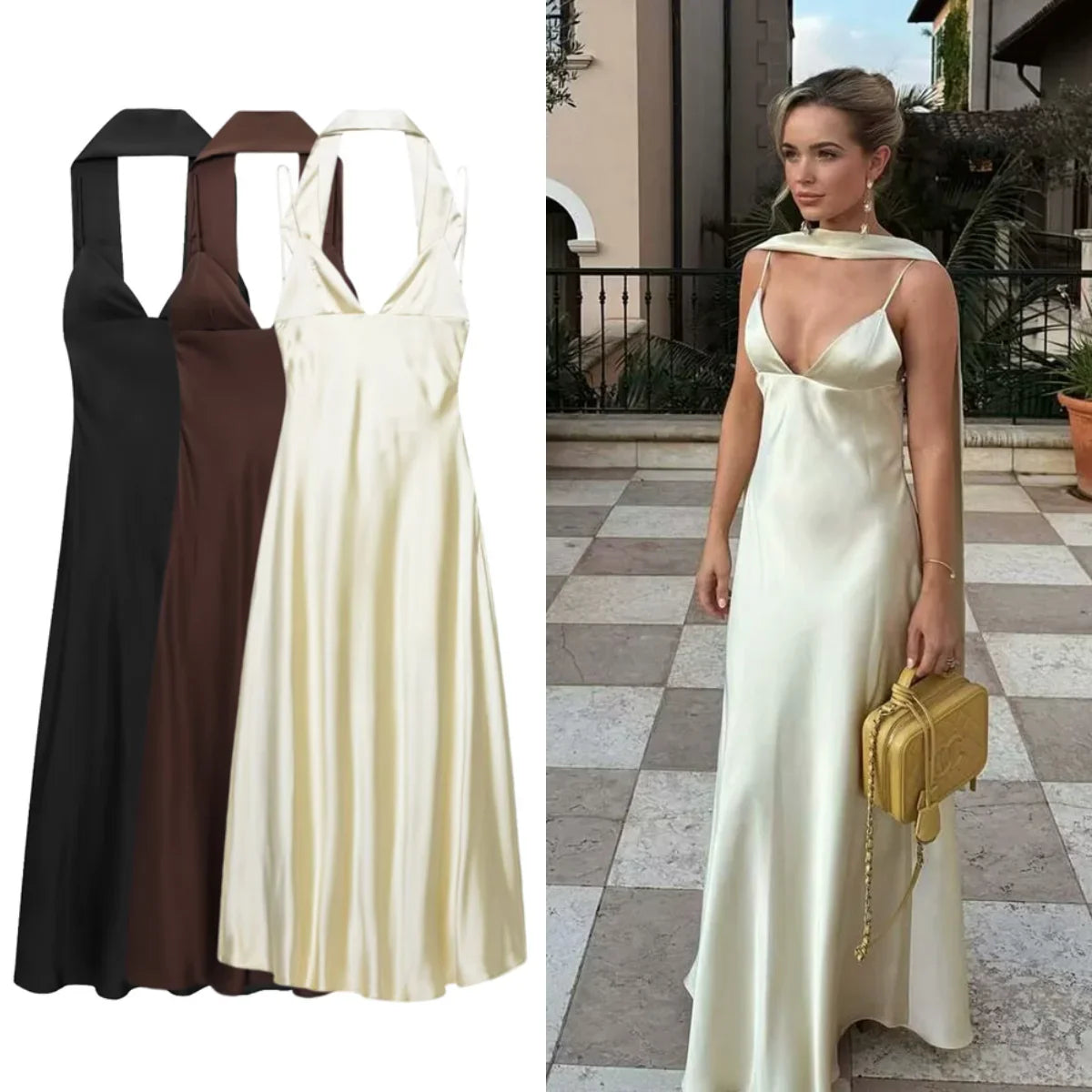 Vestido Longo Cetim Cremoso Modern Zêra