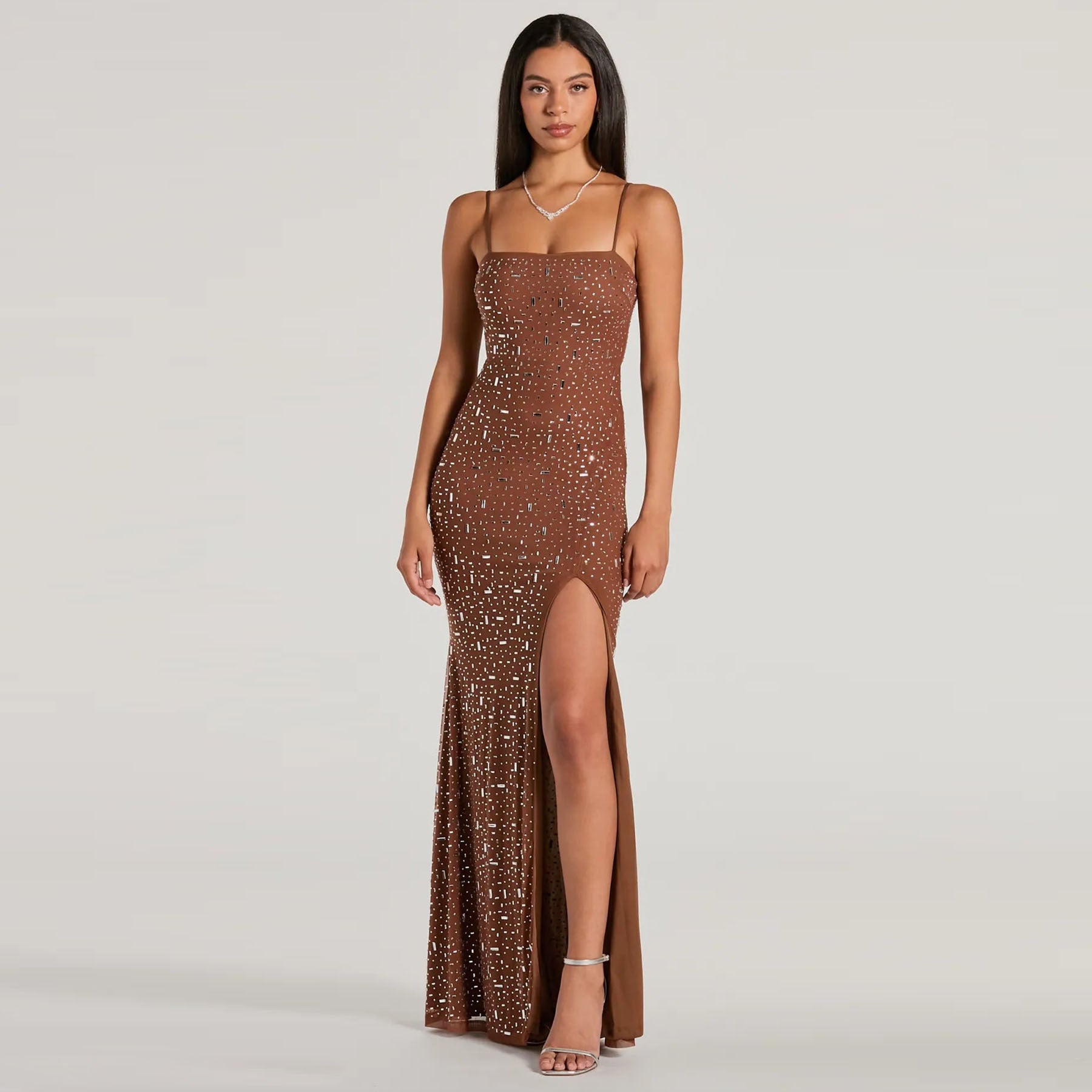 Vestido Longo Brilhante com Fenda Modern Shine