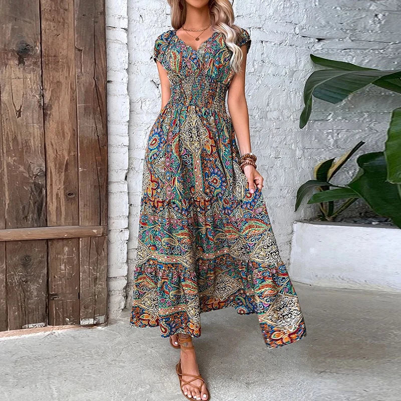 Vestido Vintage Maxi com Elástico na Cintura Modern Ana