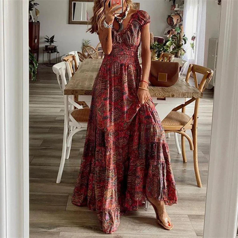 Vestido Vintage Maxi com Elástico na Cintura Modern Ana