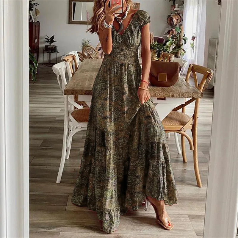 Vestido Vintage Maxi com Elástico na Cintura Modern Ana