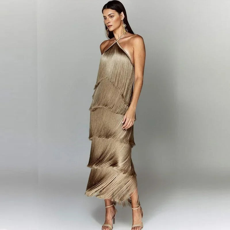 Vestido Longo Elegante com Franjas Modern Maiáh