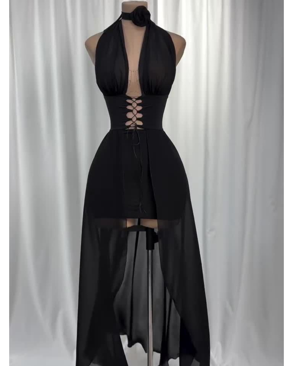 Vestido Frente Única de Tule e Amarrações Preto Modern Harley