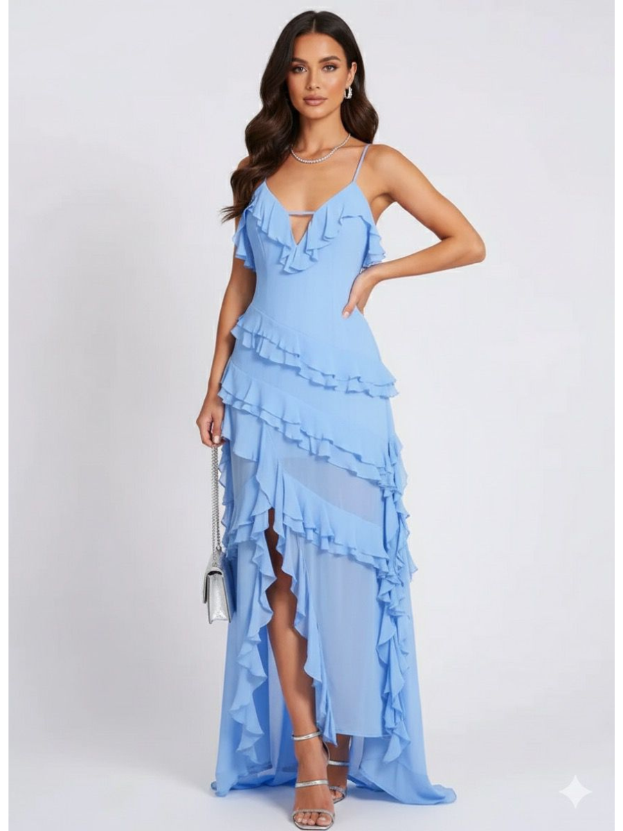 Vestido Longo com Fenda e Babado Modern Sofia
