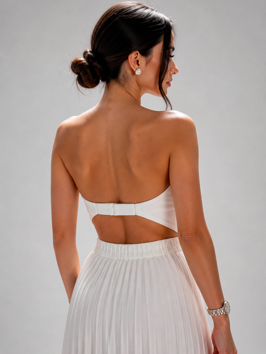 Vestido Longo Off White Plissado Modern Keisy
