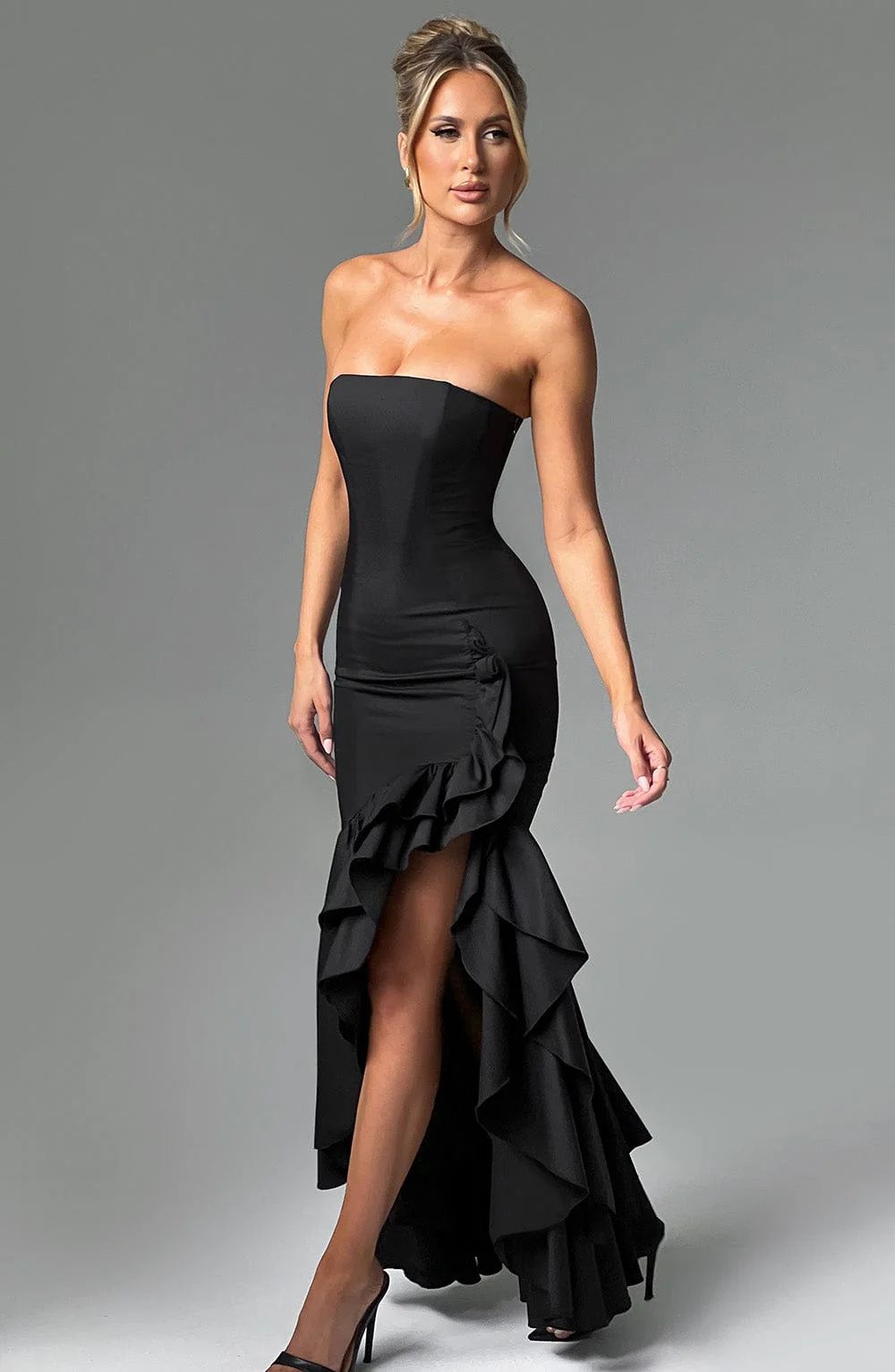 Vestido Longo com Fenda de  Babados Modern Angelina