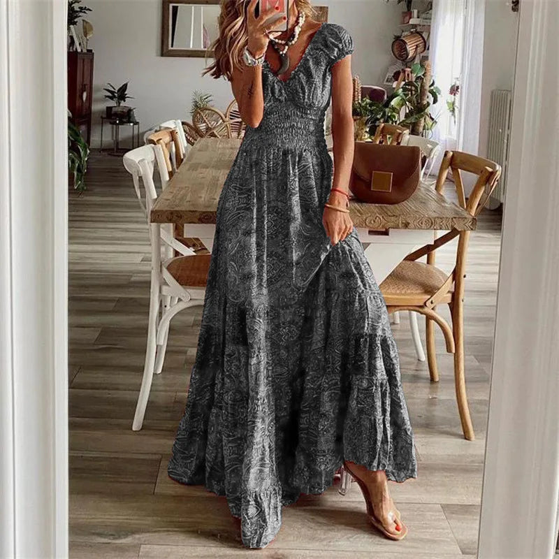Vestido Vintage Maxi com Elástico na Cintura Modern Ana