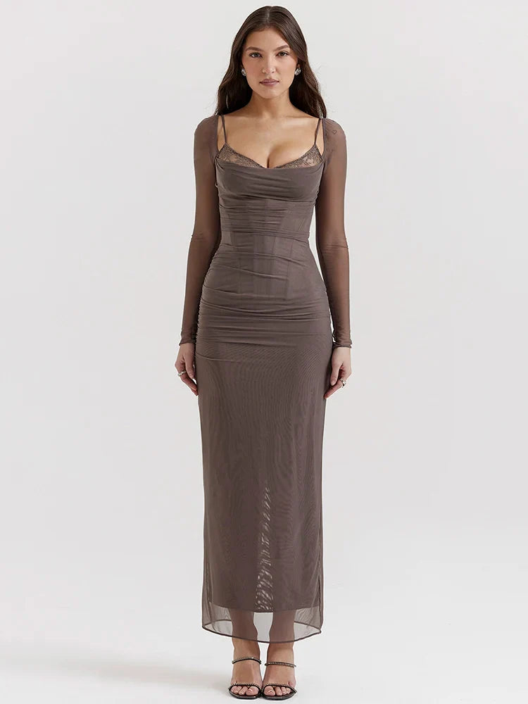 Vestido Longo com Espartilho em Camada Dupla de Tule Modern Luxury - Manga Longa - GOLDEN ERA