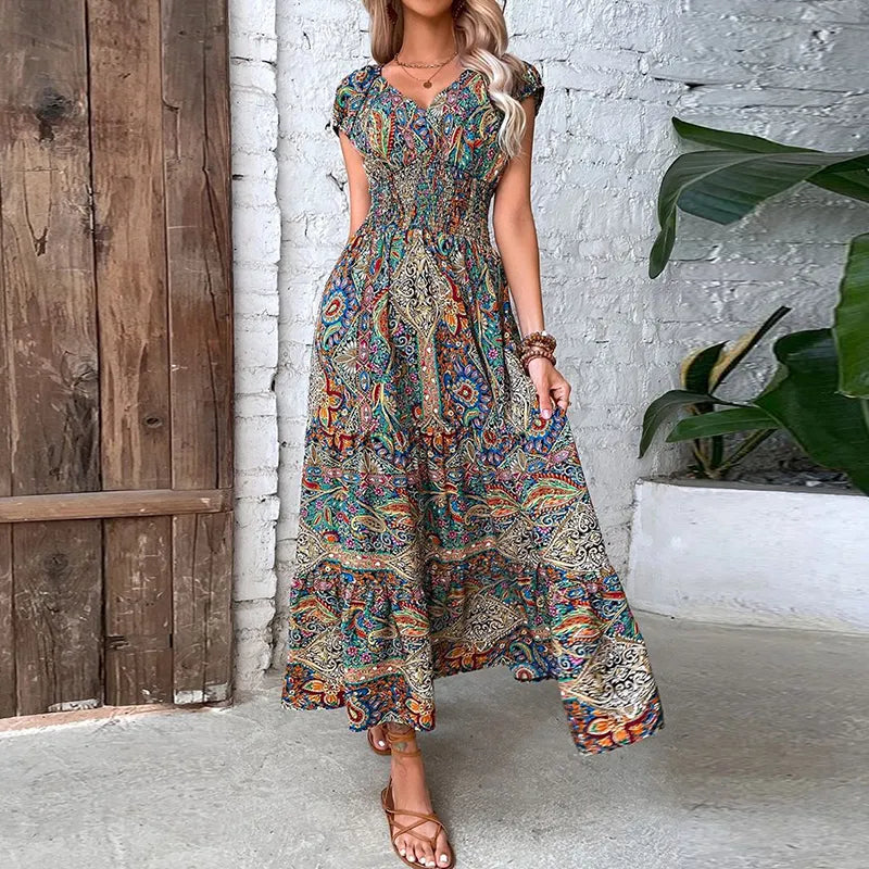 Vestido Vintage Maxi com Elástico na Cintura Modern Ana