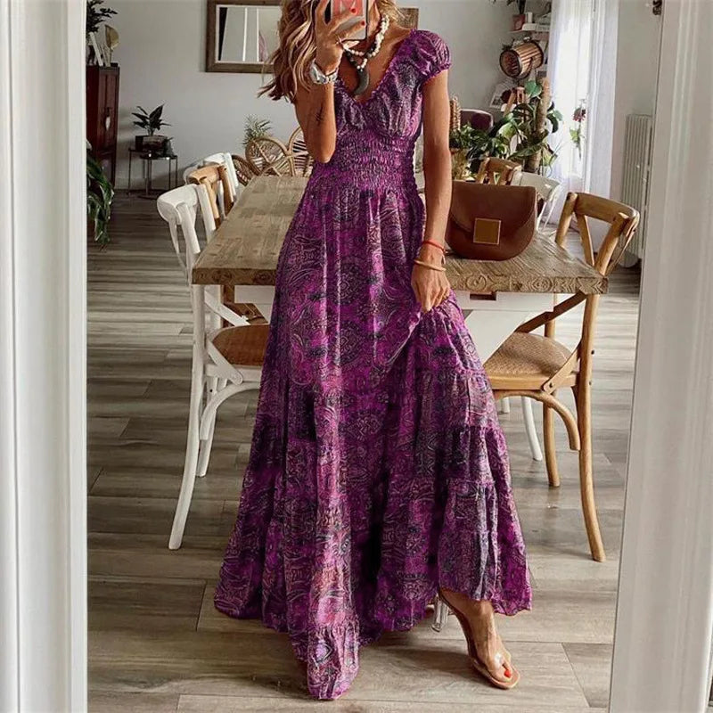 Vestido Vintage Maxi com Elástico na Cintura Modern Ana