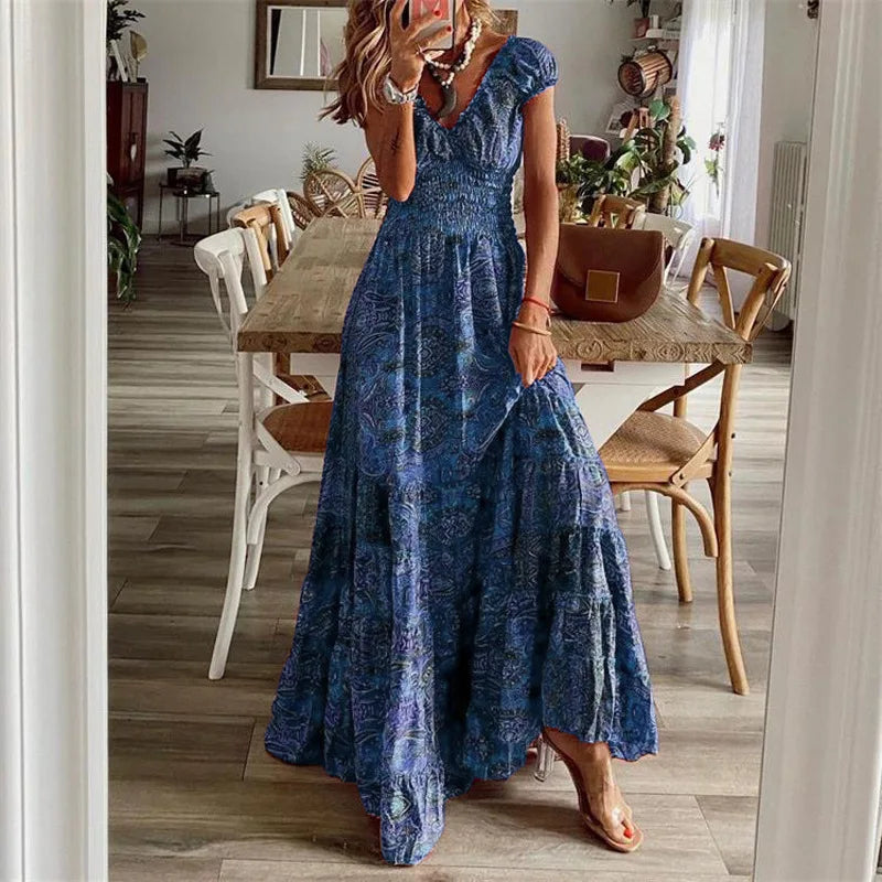 Vestido Vintage Maxi com Elástico na Cintura Modern Ana