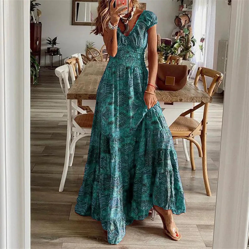 Vestido Vintage Maxi com Elástico na Cintura Modern Ana
