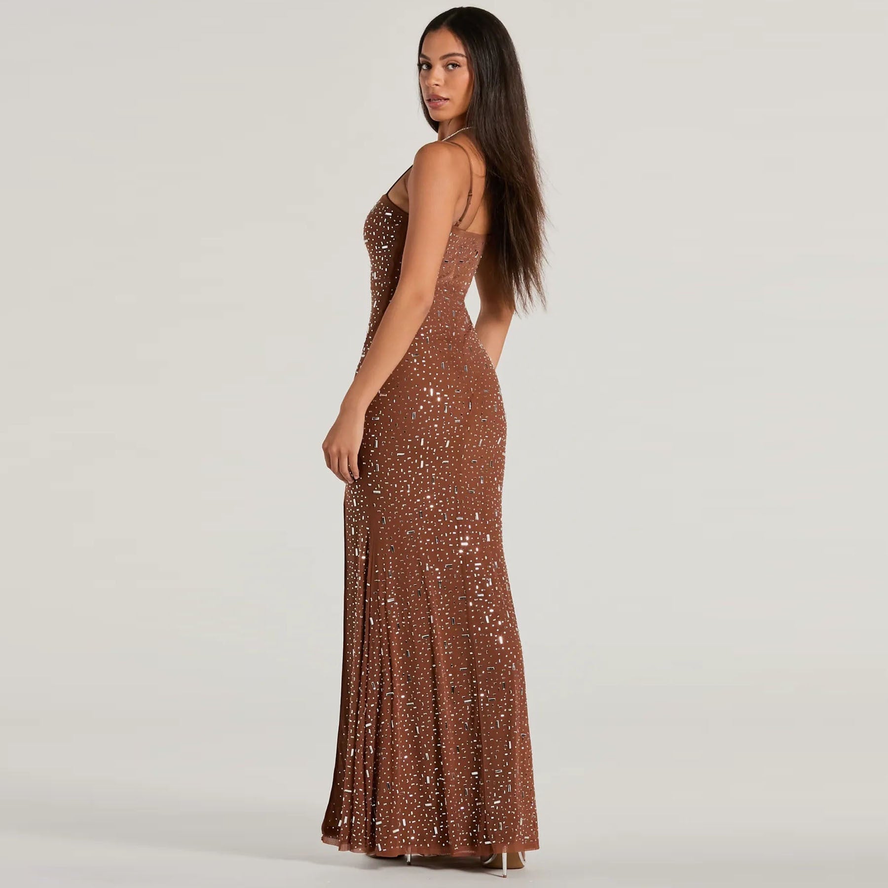Vestido Longo Brilhante com Fenda Modern Shine