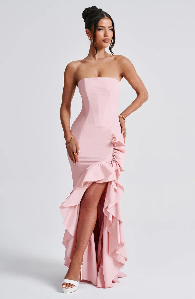Vestido Longo com Fenda de  Babados Modern Angelina