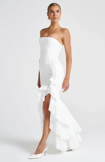 Vestido Longo com Fenda de  Babados Modern Angelina