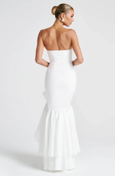 Vestido Longo com Fenda de  Babados Modern Angelina