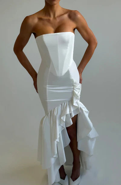 Vestido Longo com Fenda de  Babados Modern Angelina