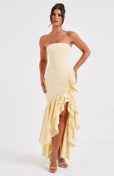 Vestido Longo com Fenda de  Babados Modern Angelina