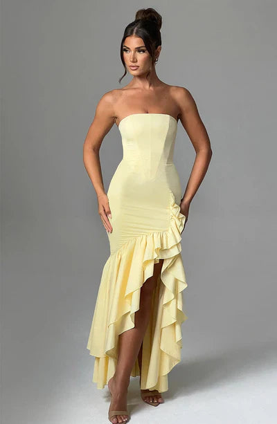 Vestido Longo com Fenda de  Babados Modern Angelina