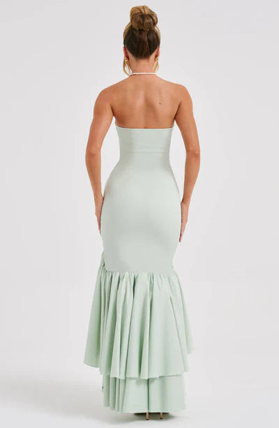 Vestido Longo com Fenda de  Babados Modern Angelina