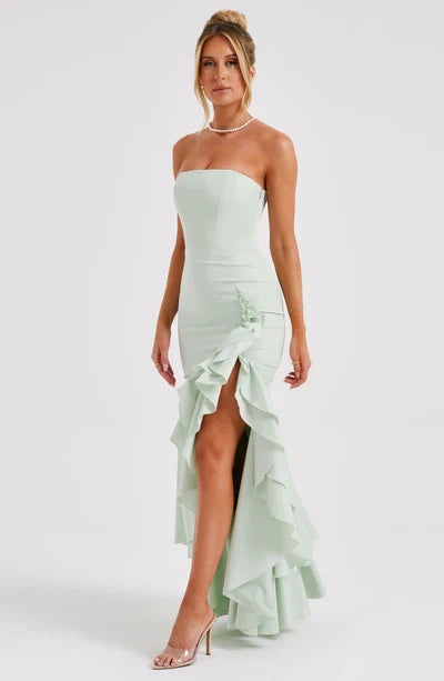 Vestido Longo com Fenda de  Babados Modern Angelina