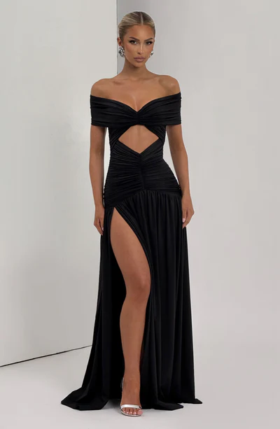 Vestido Longo Ombro a Ombro com Fenda Modern Susan