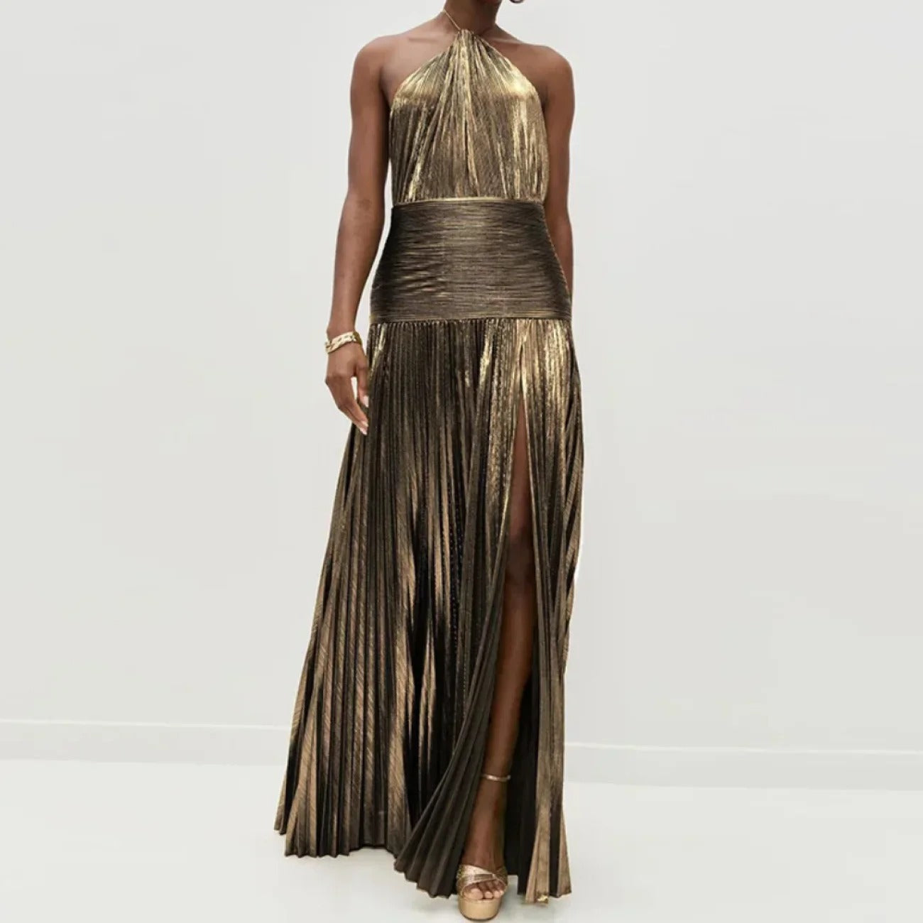 Vestido Longo Metalizado com Fenda Modern Tilia