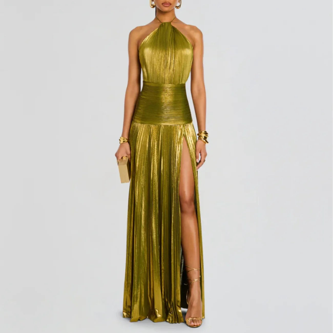 Vestido Longo Metalizado com Fenda Modern Tilia