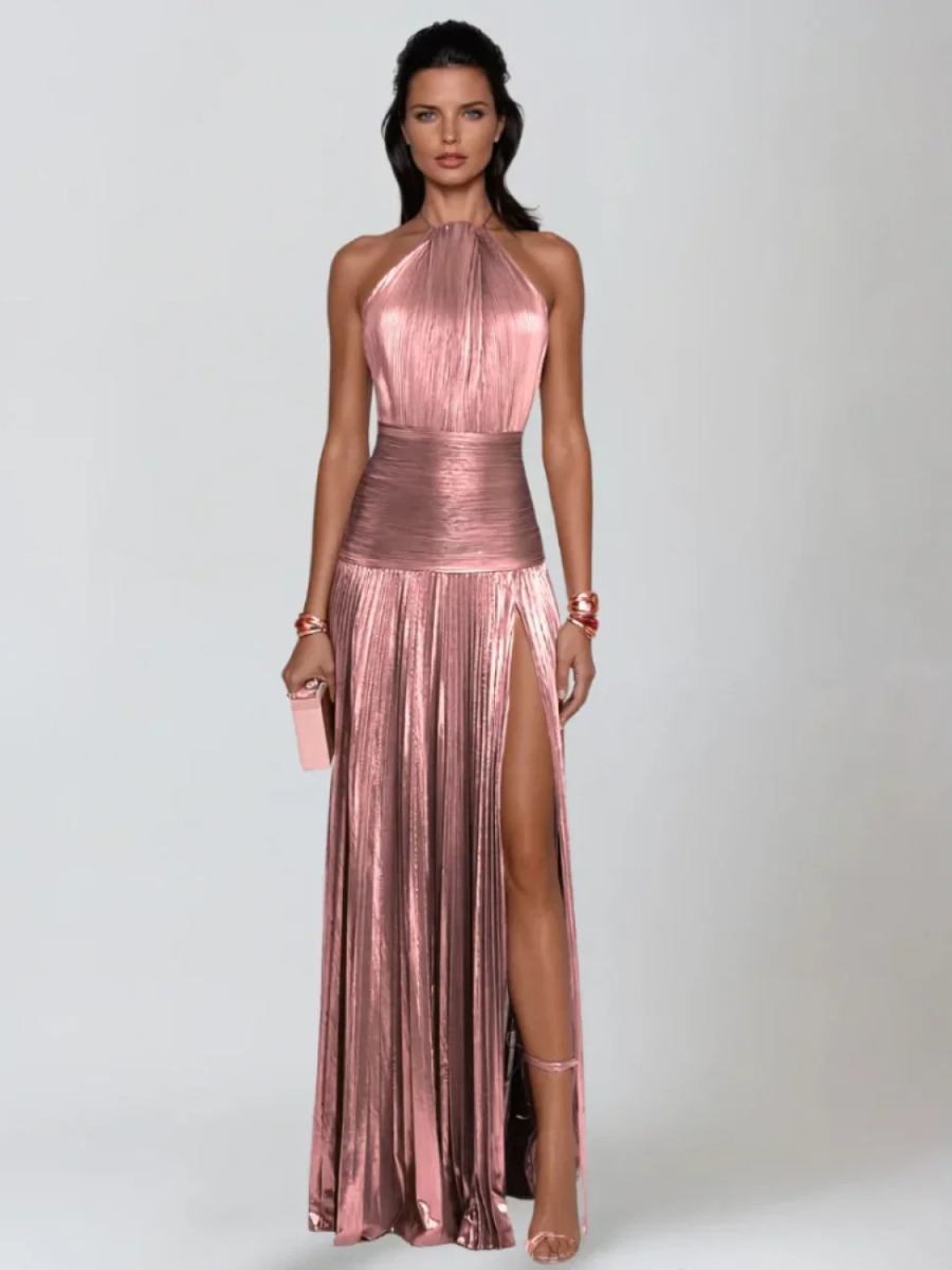 Vestido Longo Metalizado com Fenda Modern Tilia